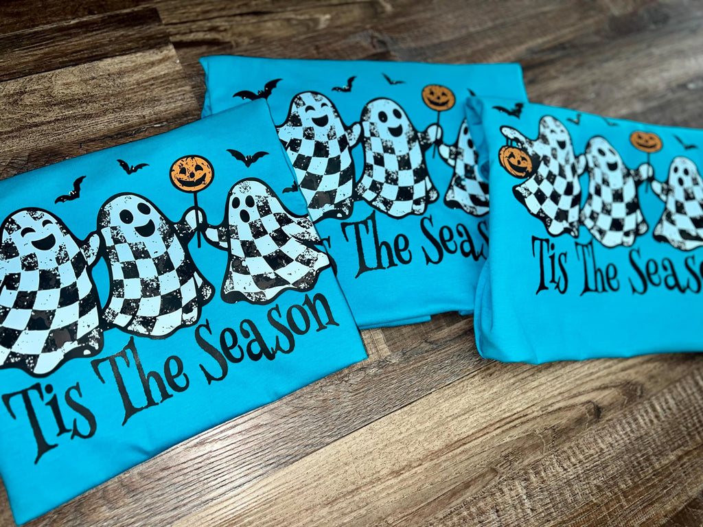 Tis the season checkered ghost pumpkin Halloween graphic tee shirt