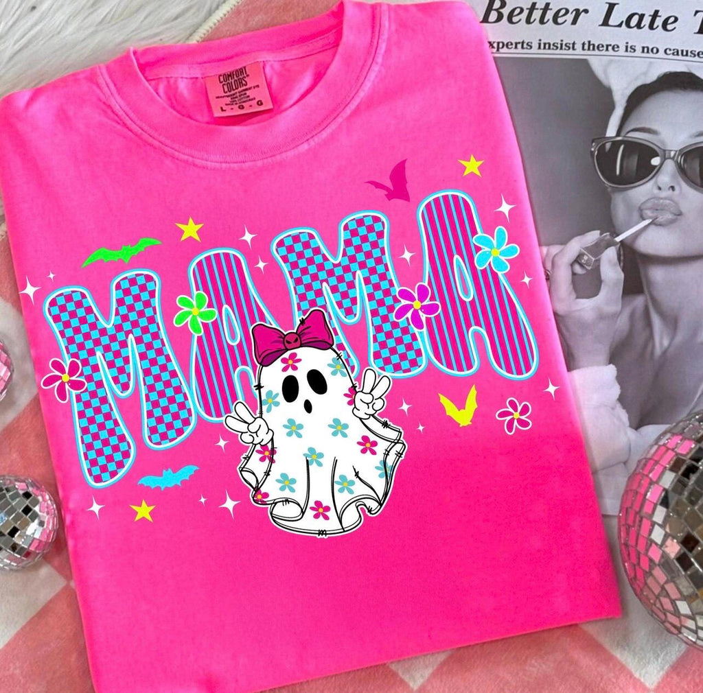 Spooky neon ghost  mama  graphic crewneck sweatshirt or tee for Halloween/ fall season trendy preppy flashy cute graphic