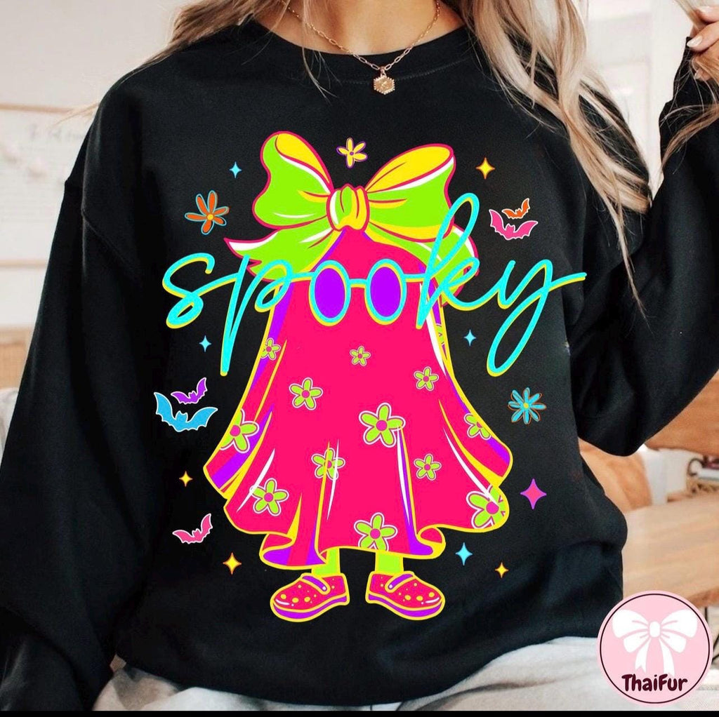 Spooky neon ghost with crocs and bow graphic crewneck sweatshirt for Halloween/ fall season trendy preppy flashy cute graphic