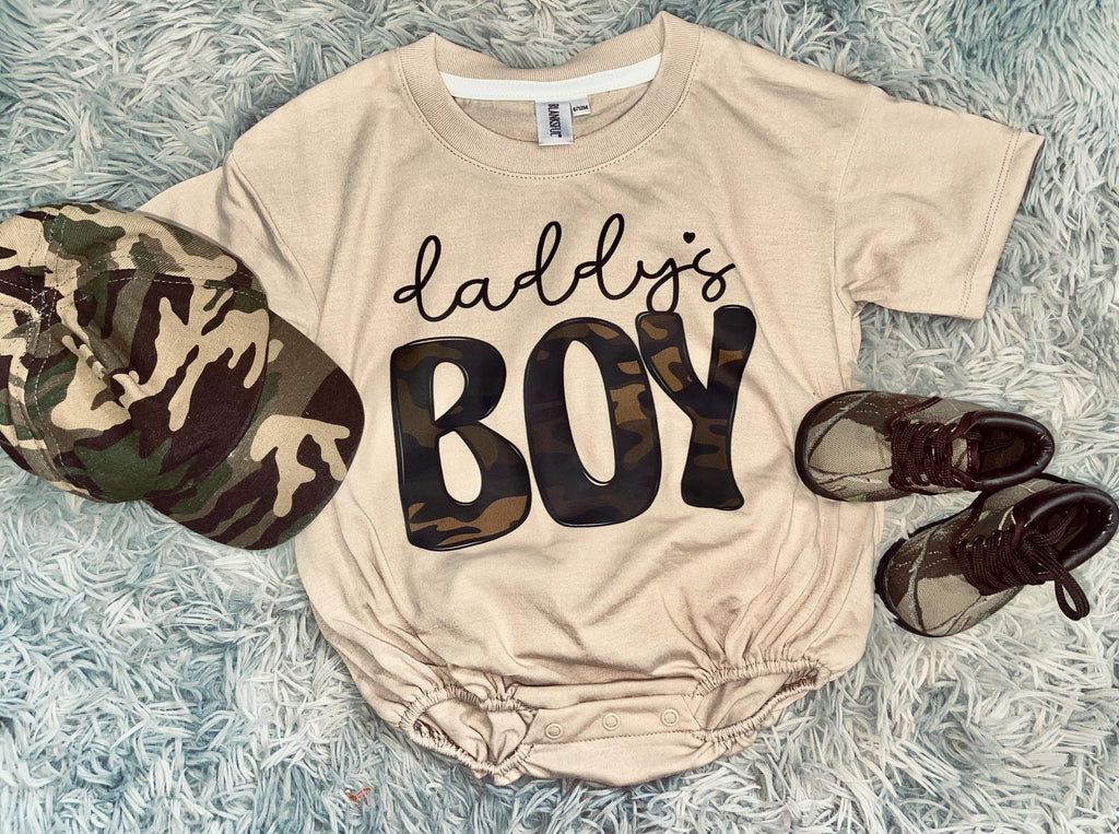 Daddy’s boy bubble romper for infant and toddlers camo design for little boys