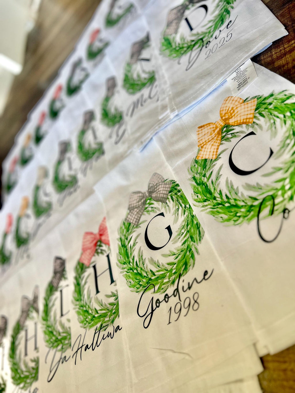 personalized kitchen tea towels with last name and wreath ! add your own touch! feel free to pm me for more customized options