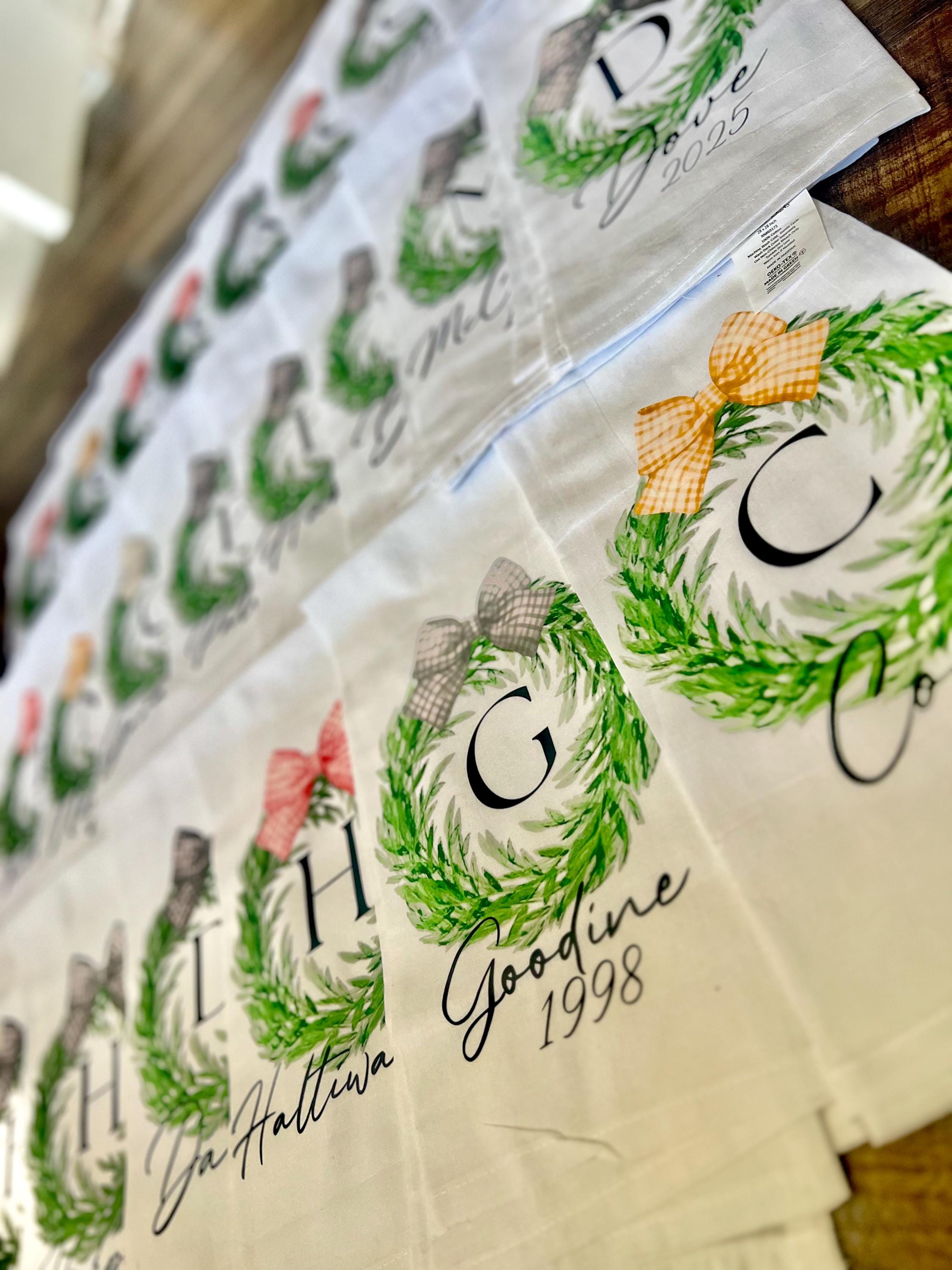 personalized kitchen tea towels with last name and wreath ! add your own touch! feel free to pm me for more customized options