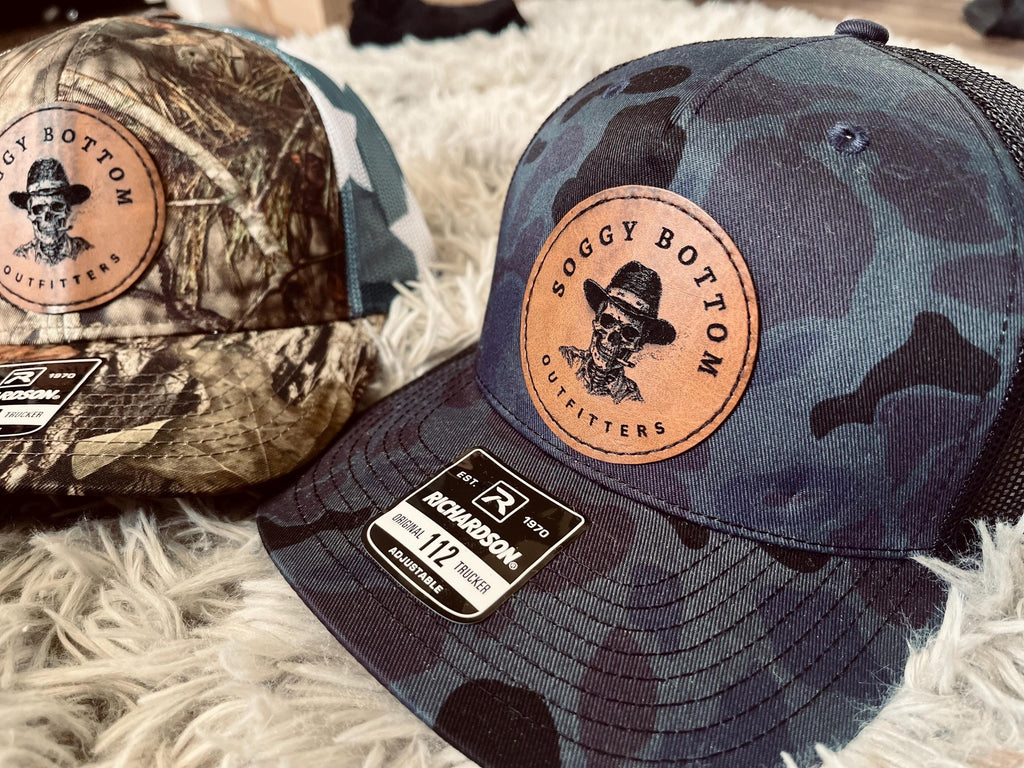 personalized Richardson snap back hats with logo engraved on the leather patches