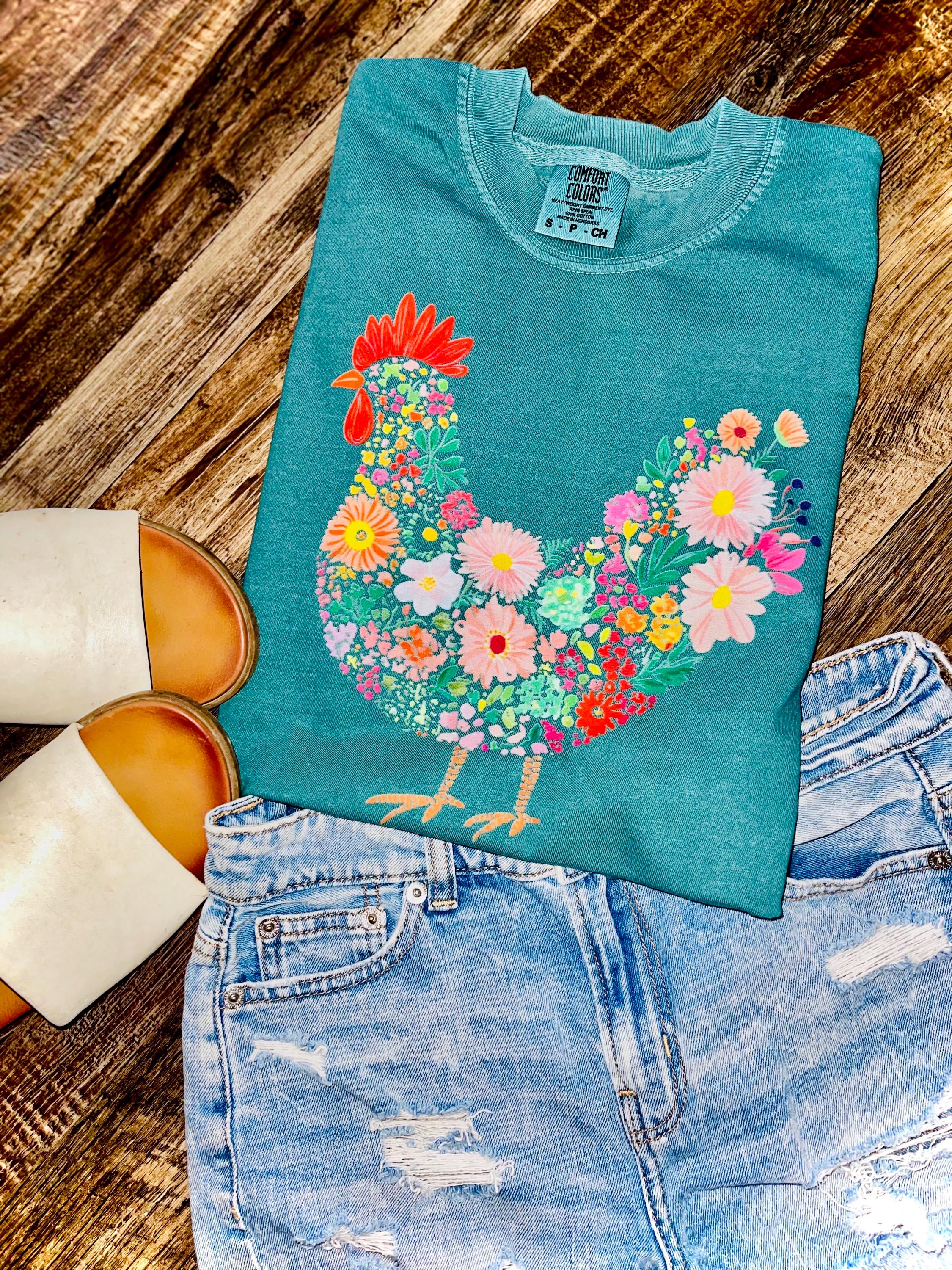Spring floral chicken tee comfort colors unisex sized spring floral graphic tee