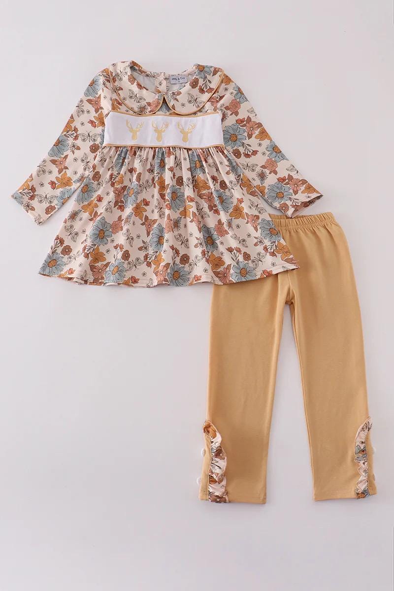 khaki deer embroidered outfit sets for baby/toddler/ kids matching outfits for fall for siblings bout and girl matching embroidered sets