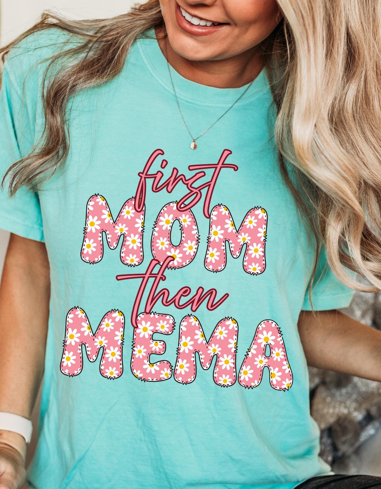 First mom then “title” personalized graphic preppy floral name tee shirt for Mother’s Day for grandparents