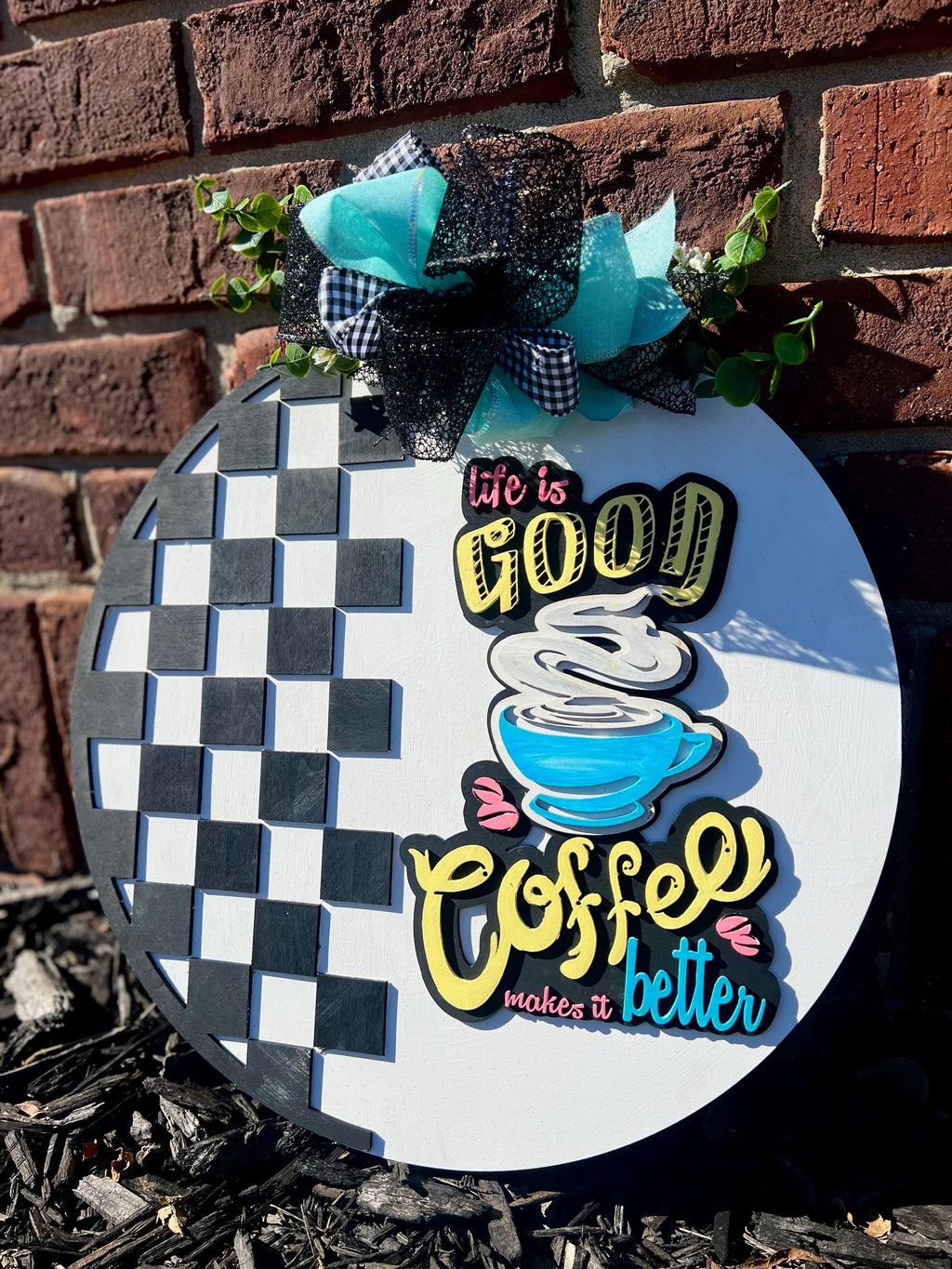 Retro checkered coffee shop 18” door hanger personalized with your own shop name