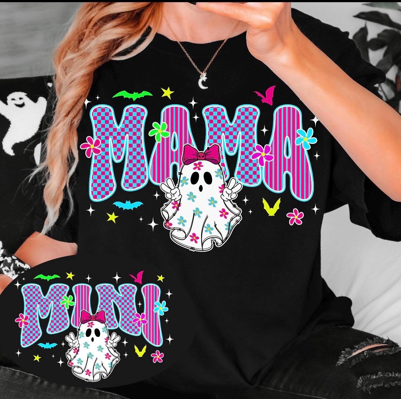 Spooky neon ghost  mama  graphic crewneck sweatshirt or tee for Halloween/ fall season trendy preppy flashy cute graphic