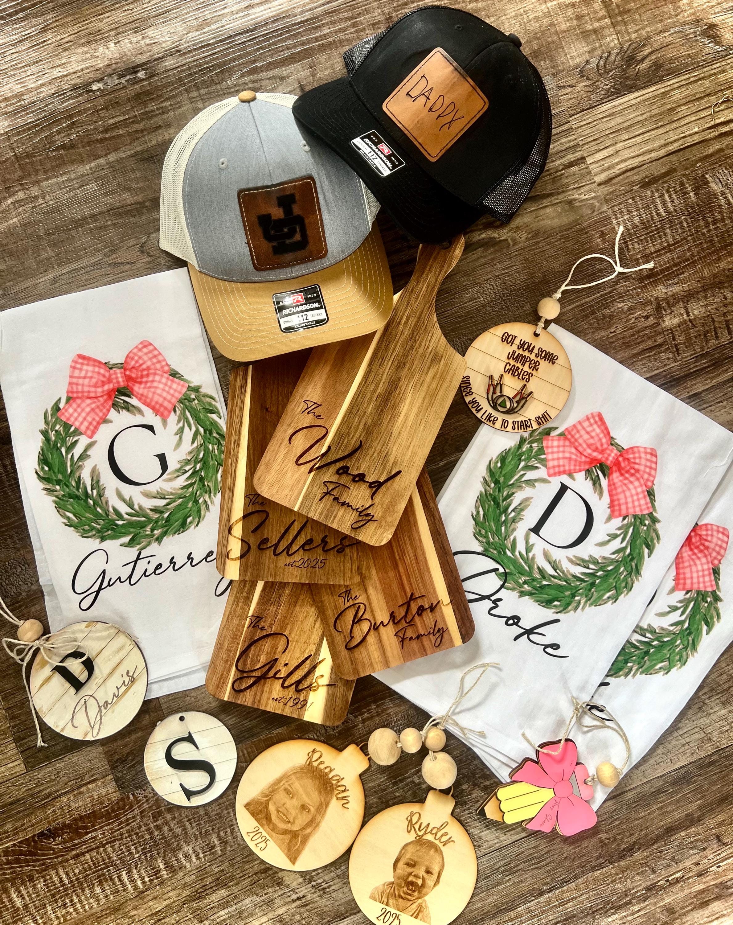 personalized kitchen tea towels with last name and wreath ! add your own touch! feel free to pm me for more customized options