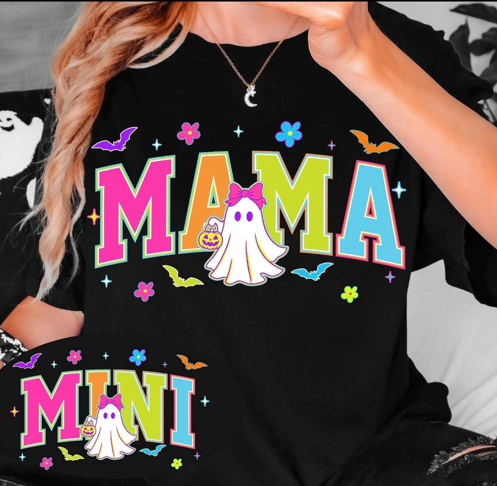 Spooky neon ghost  mama  graphic crewneck sweatshirt or tee for Halloween/ fall season trendy preppy flashy cute graphic