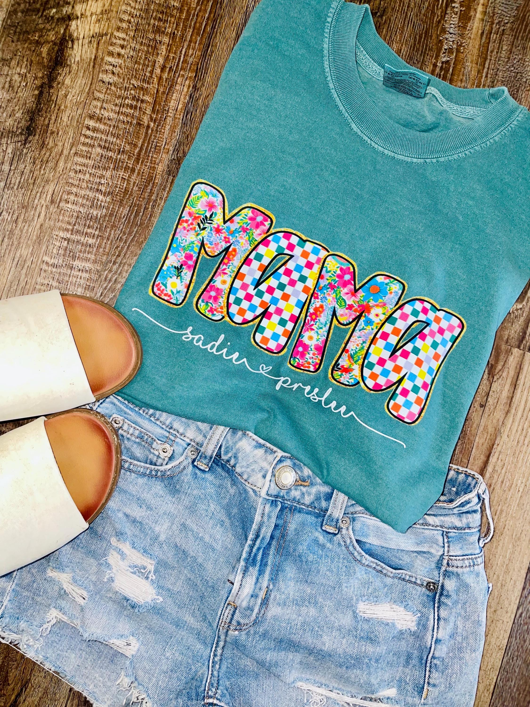 Personalized preppy mama tee! Are your babies name! Comfort colors unisex fitted cute tee!