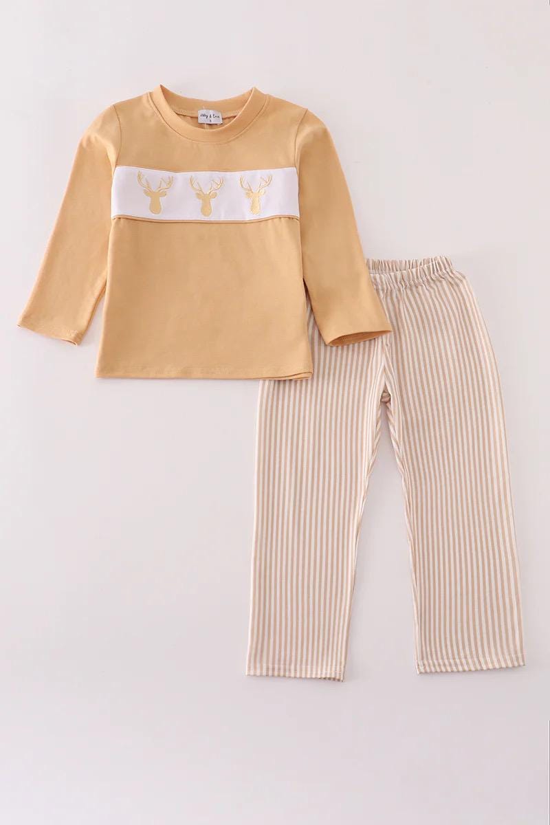 khaki deer embroidered outfit sets for baby/toddler/ kids matching outfits for fall for siblings bout and girl matching embroidered sets