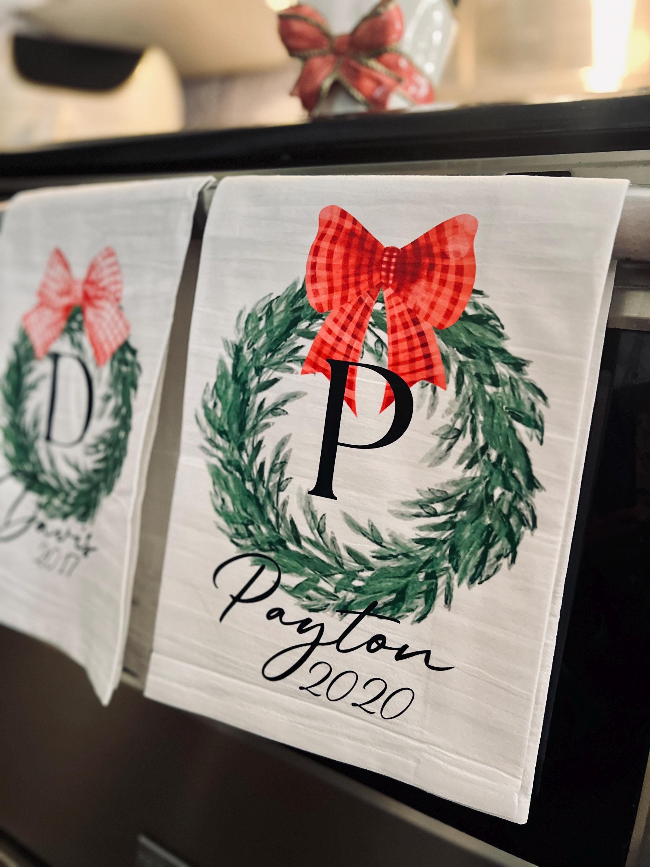 personalized kitchen tea towels with last name and wreath ! add your own touch! feel free to pm me for more customized options