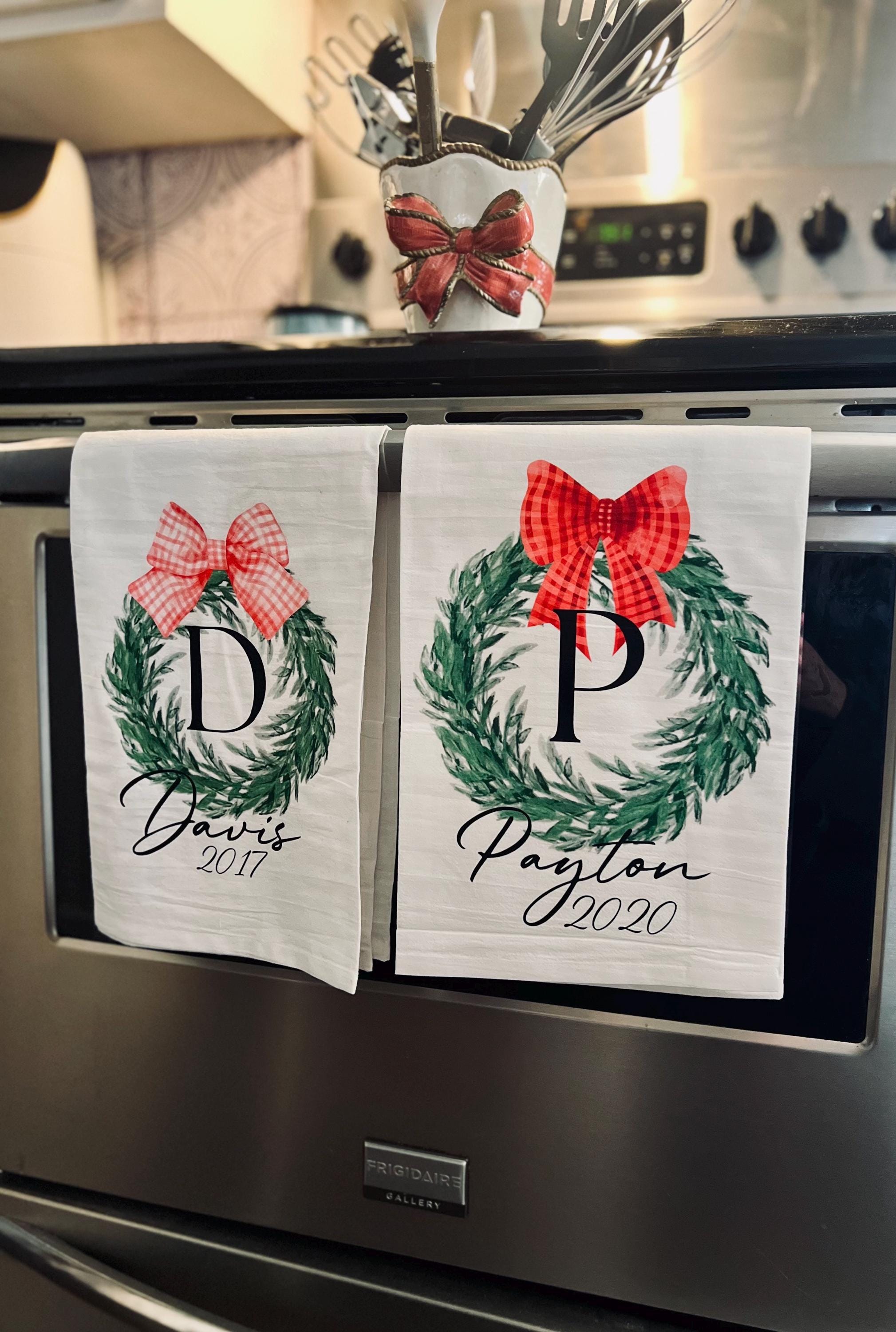 personalized kitchen tea towels with last name and wreath ! add your own touch! feel free to pm me for more customized options