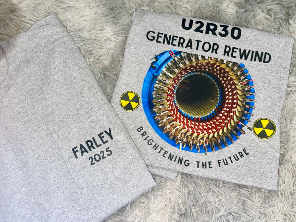 Nuclear plant company tee generator rewind personalized company name tee shirt with pocket