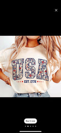 4th of July tee shirt USA floral trendy preppy comfort color tee for the fourth