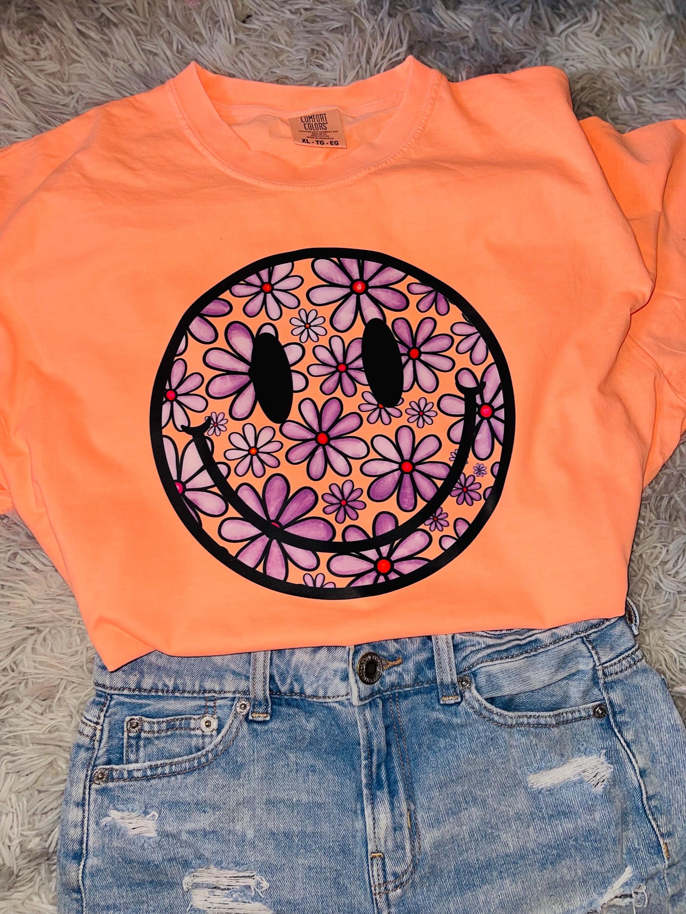 Floral smiley spring comfort color graphic tee shirt