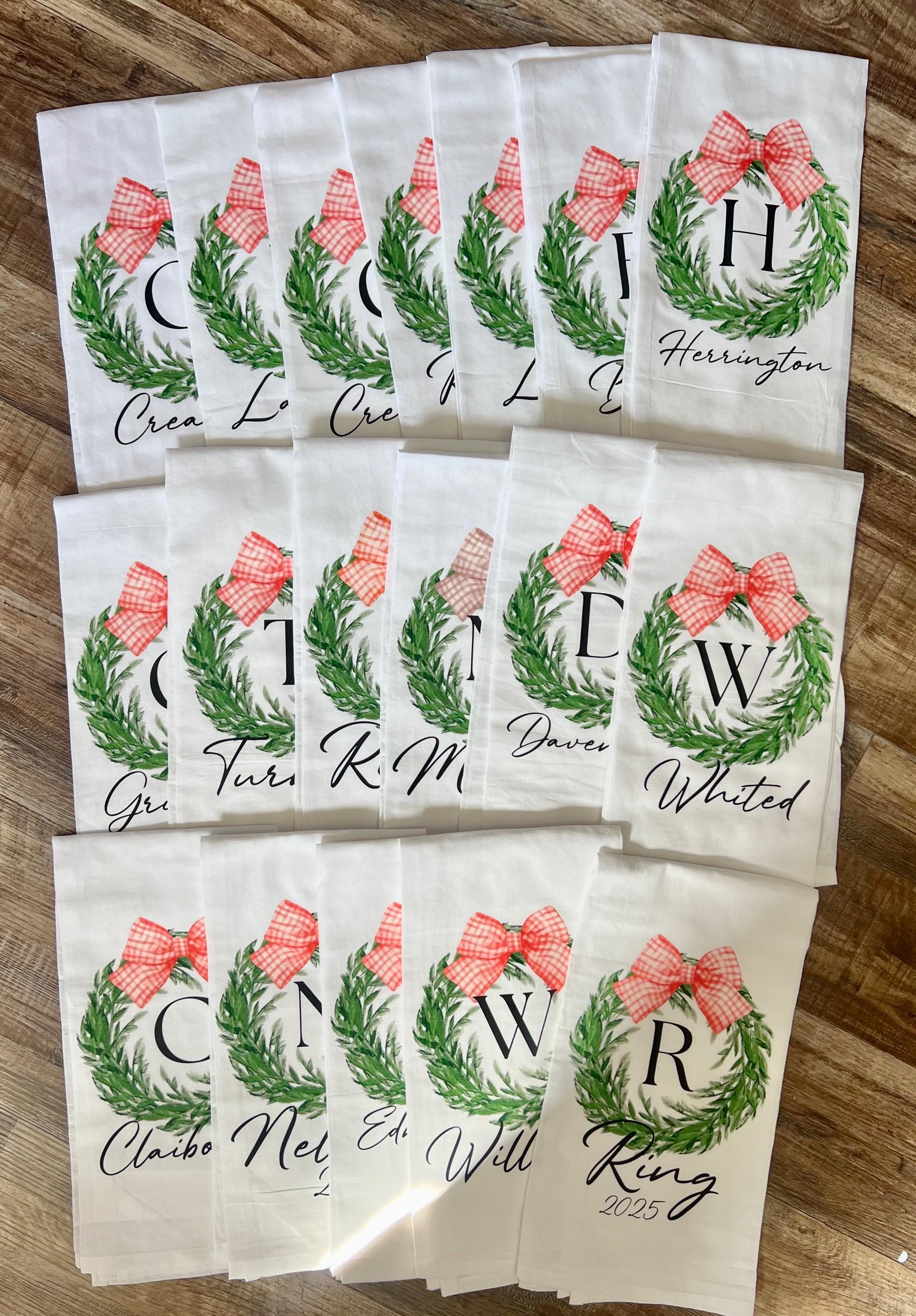 personalized kitchen tea towels with last name and wreath ! add your own touch! feel free to pm me for more customized options