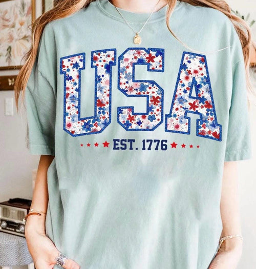 4th of July tee shirt USA floral trendy preppy comfort color tee for the fourth