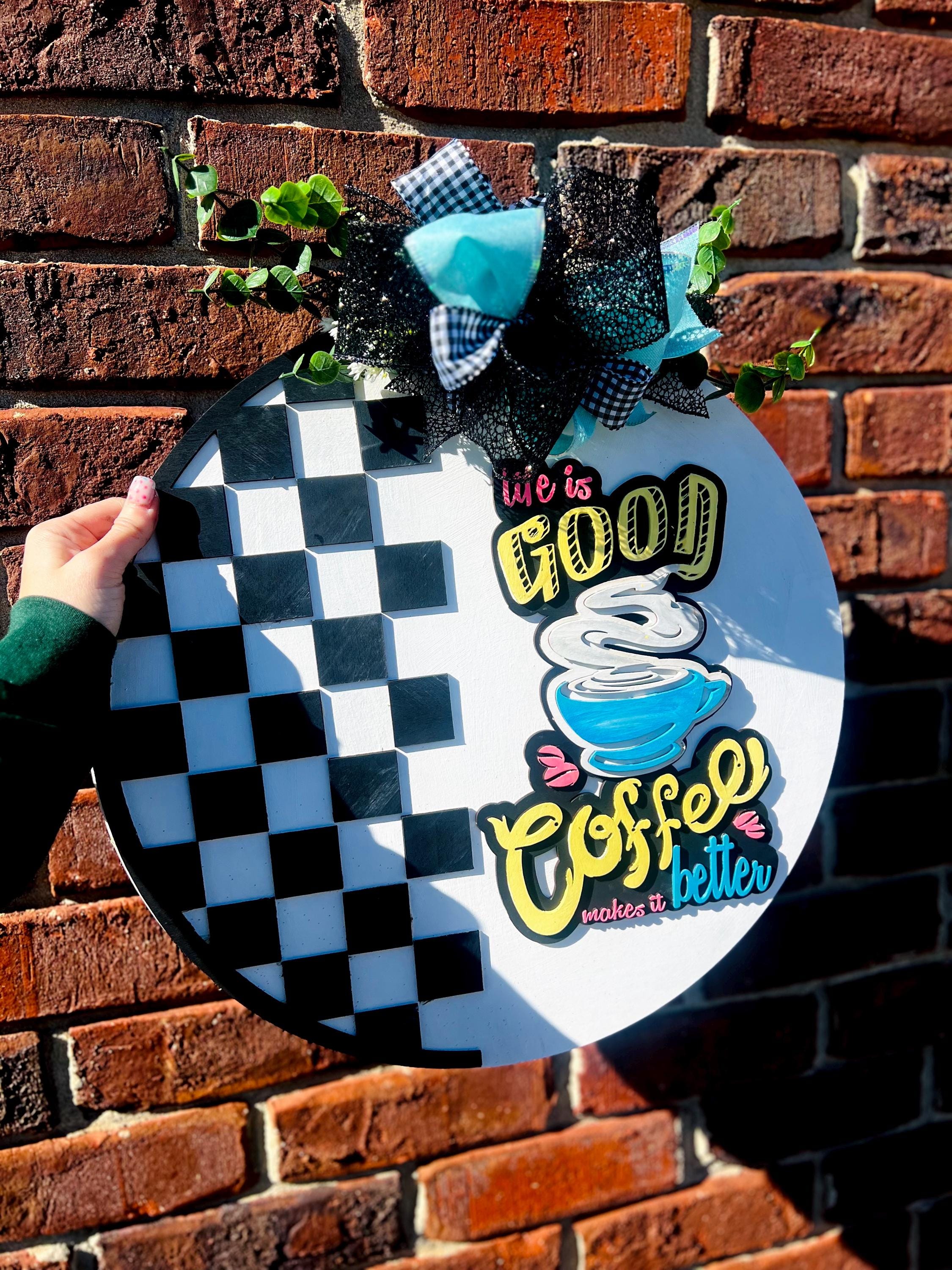 Retro checkered coffee shop 18” door hanger personalized with your own shop name