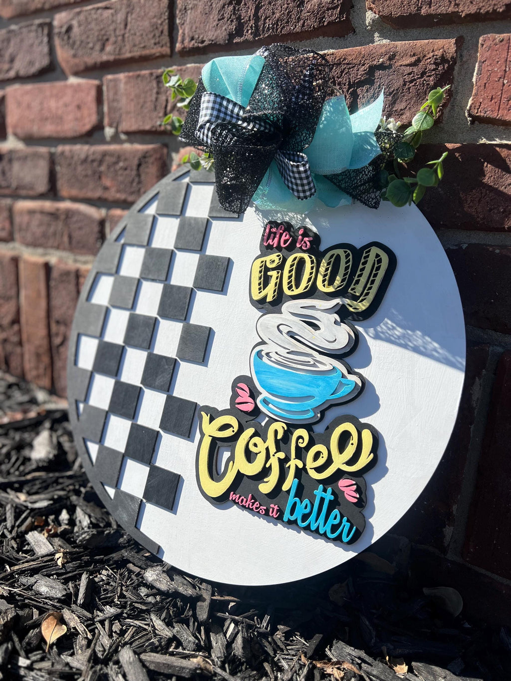 Retro checkered coffee shop 18” door hanger personalized with your own shop name