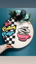 Retro checkered coffee shop 18” door hanger personalized with your own shop name