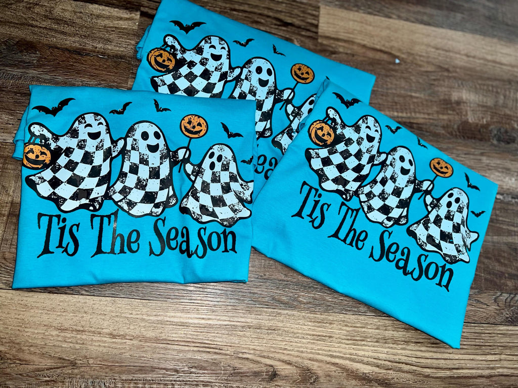 Tis the season checkered ghost pumpkin Halloween graphic tee shirt