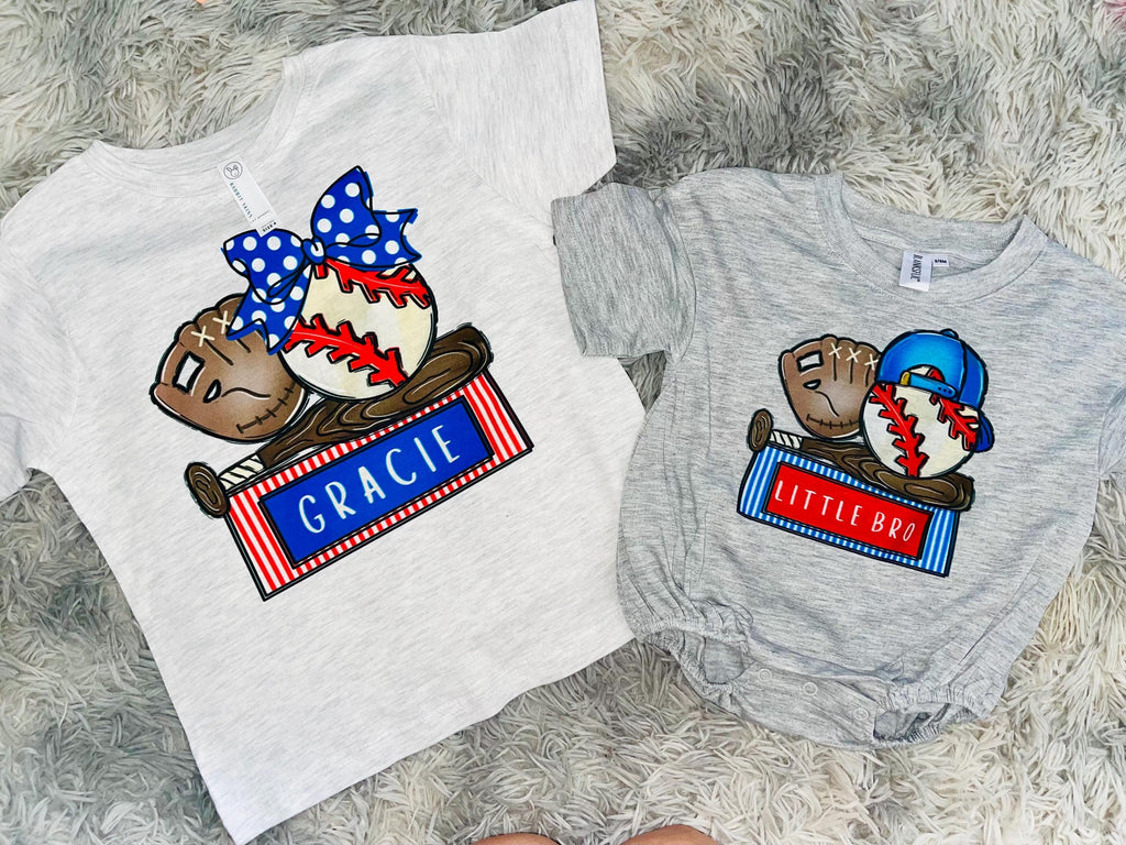 Baseball sibling bubble romper or tee shirt sister or brother baseball sibling tee shirt
