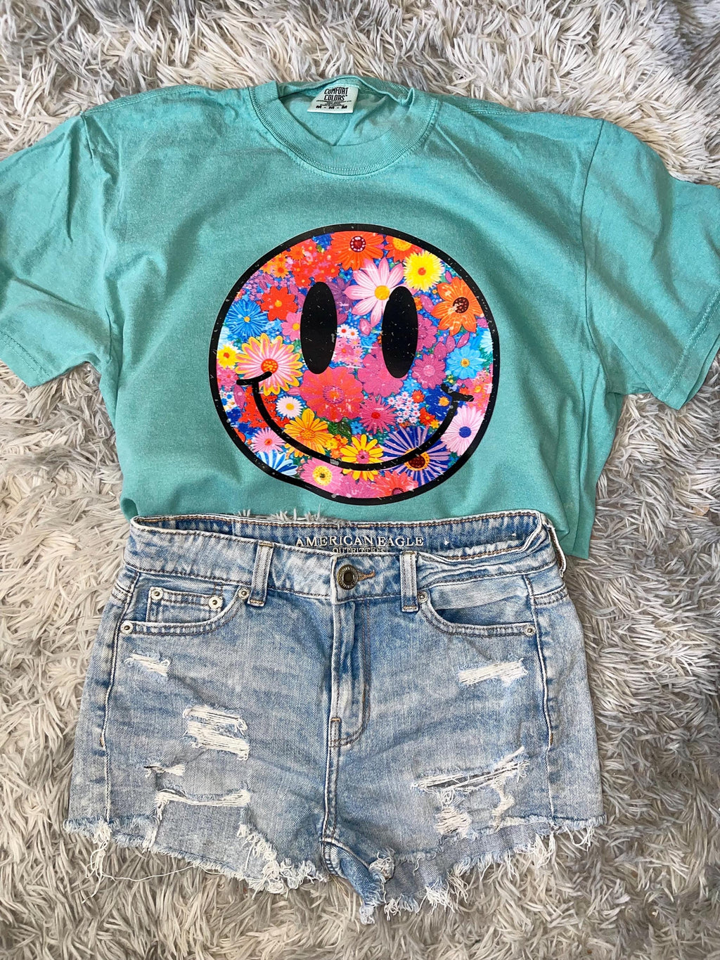 Floral smiley spring comfort color graphic tee shirt