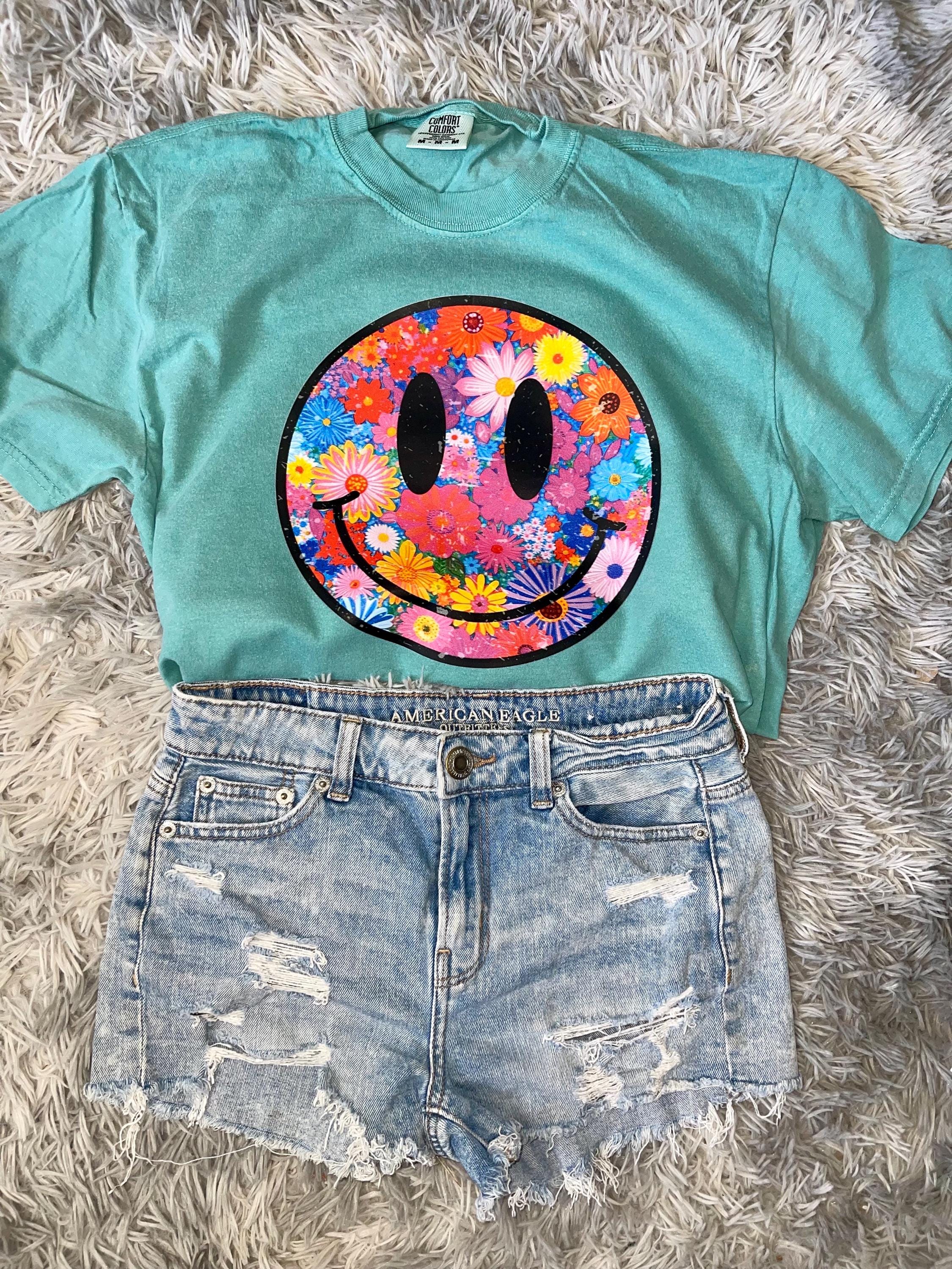 Floral smiley spring comfort color graphic tee shirt