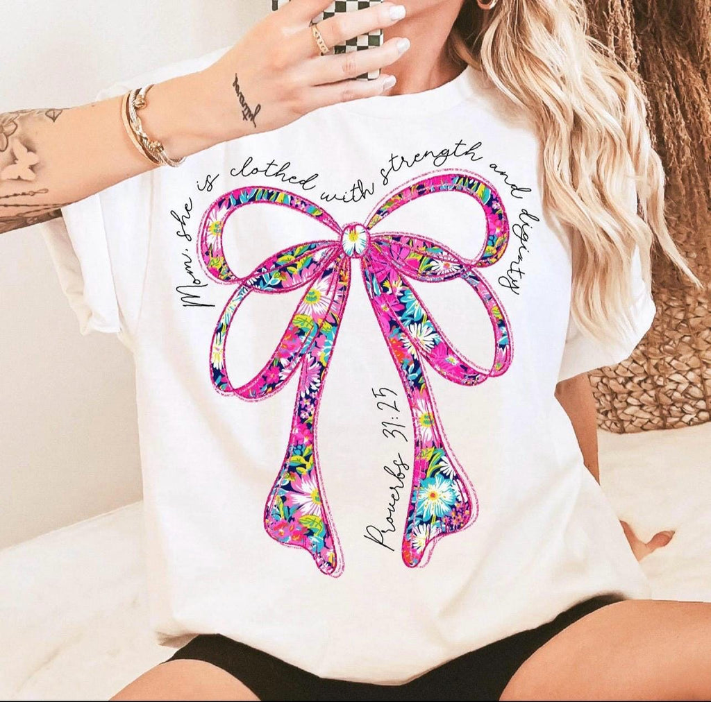 Proverbs 31:25 graphic tee shirt floral font Christian preppy tee shirt spring tee clothes in strength and dignity