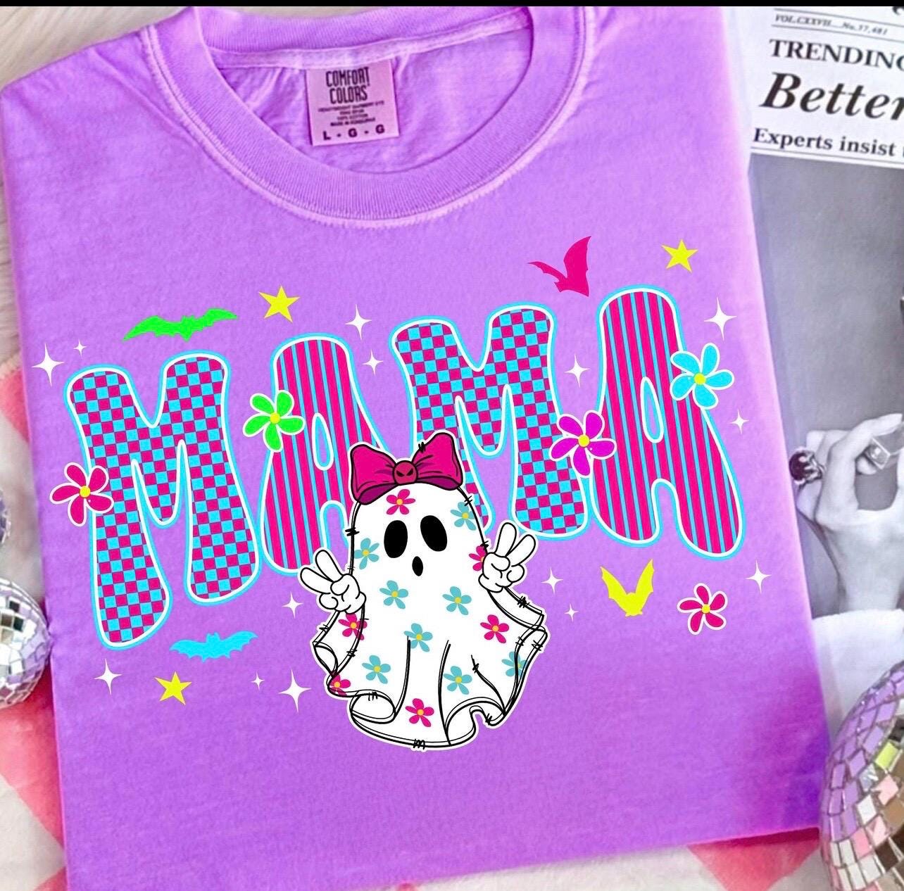 Spooky neon ghost  mama  graphic crewneck sweatshirt or tee for Halloween/ fall season trendy preppy flashy cute graphic
