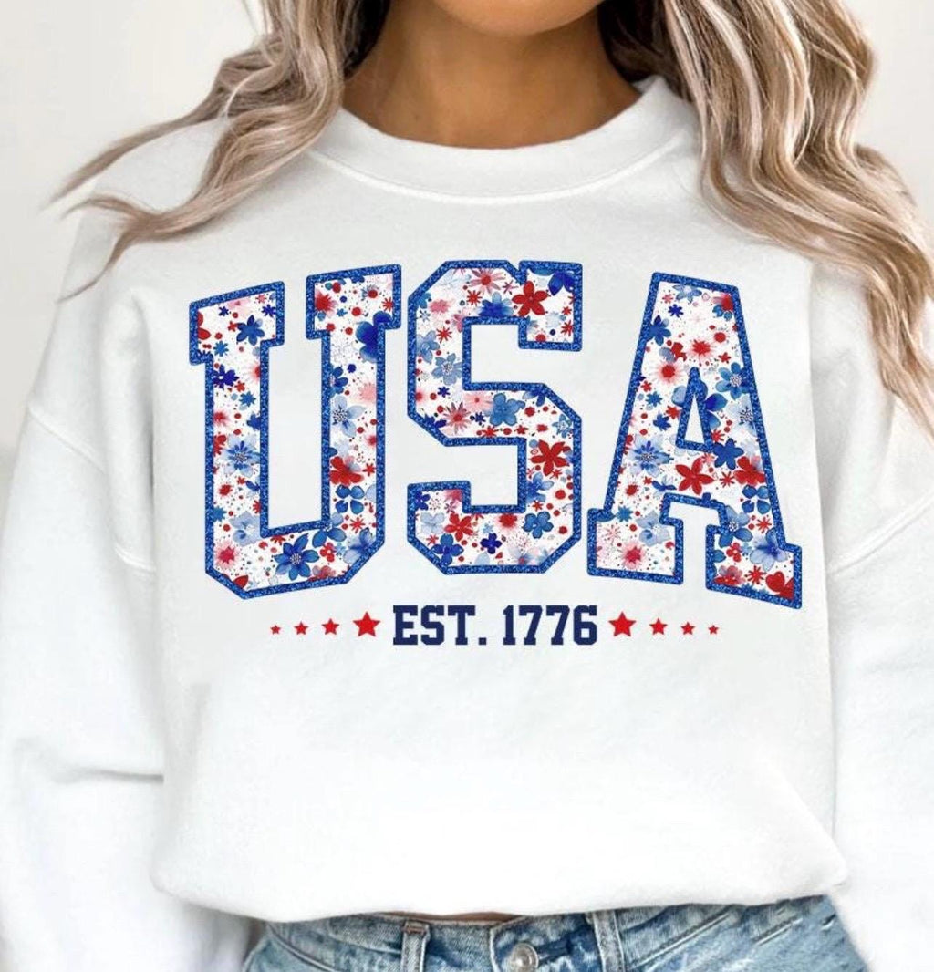 4th of July tee shirt USA floral trendy preppy comfort color tee for the fourth